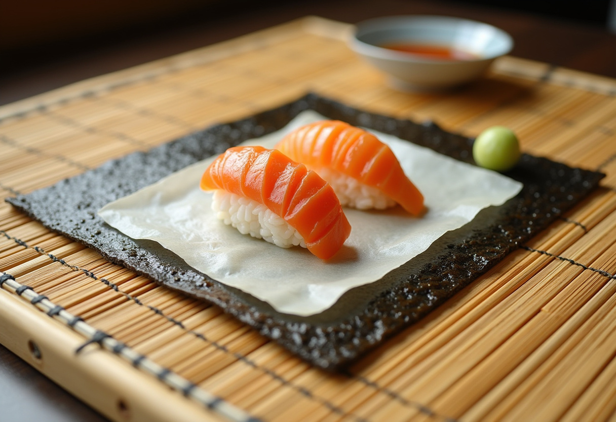 Préparation de la natte à sushi avec du nori pour la garniture du California roll fait maison.