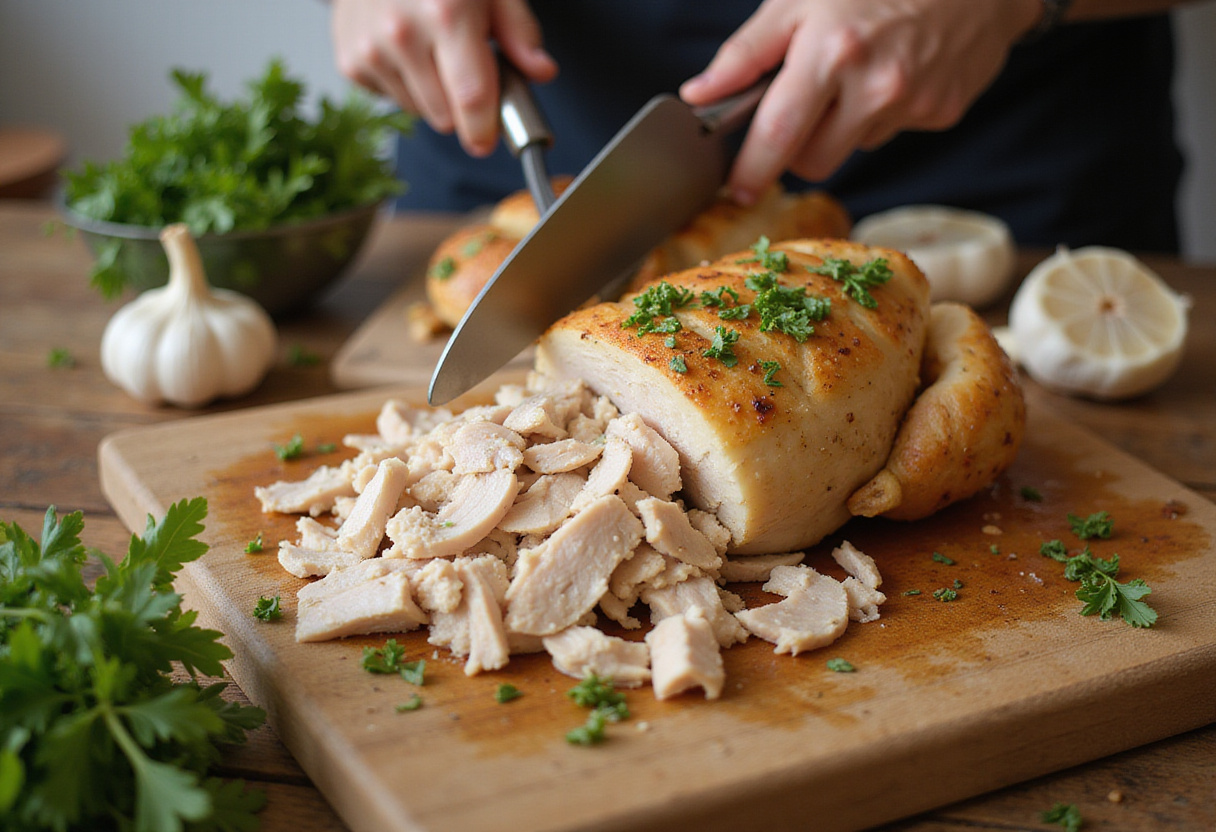 Poulet effiloché préparé pour les cannellonis au poulet, avec des herbes et de l'ail pour la saveur.