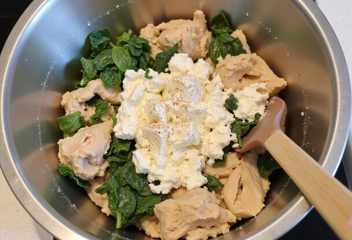 Ingrédients mélangés pour les cannellonis au poulet, y compris la ricotta et les épinards.