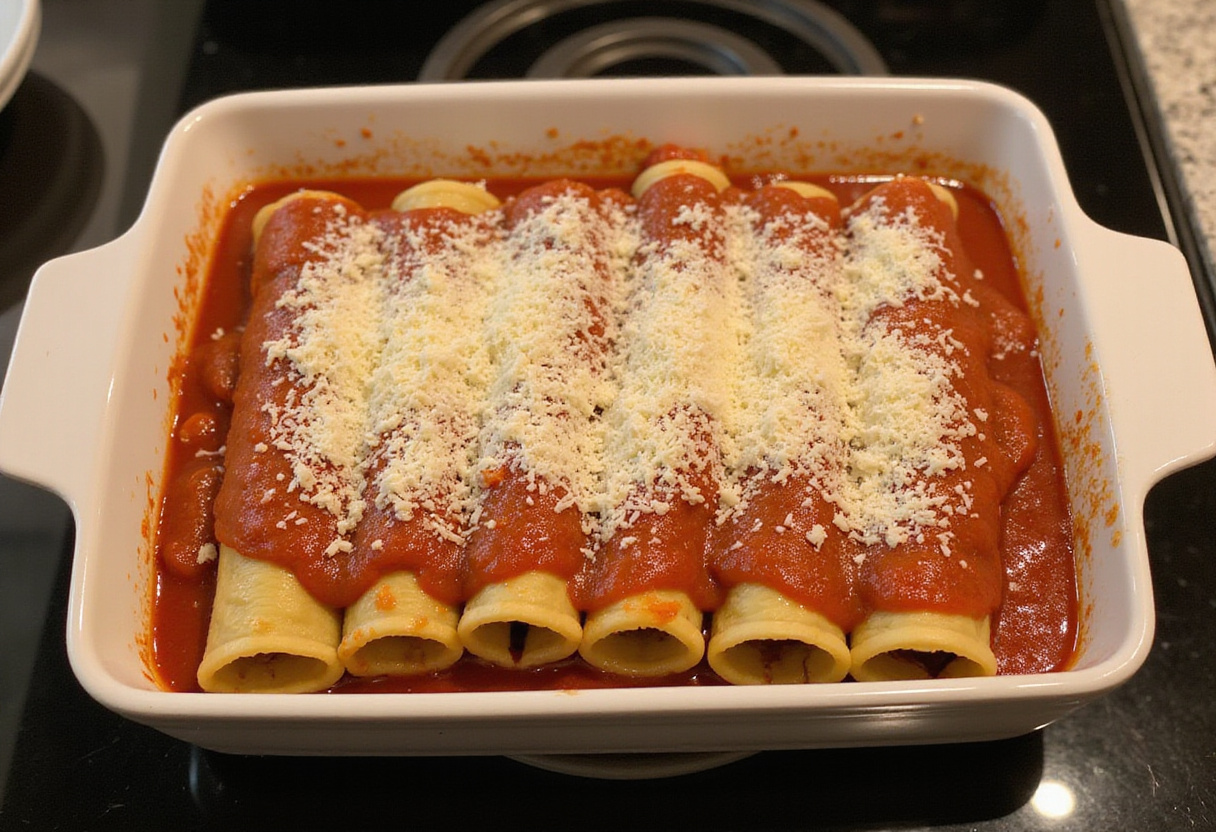 Cannellonis au poulet assemblés avec de la sauce et du fromage dans le plat de cuisson.