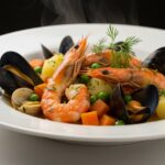 Plat de cocido classique de fruits de mer, prêt à être servi et apprécié.