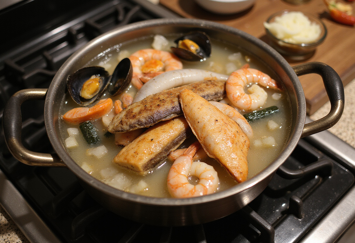 Ingrédients pour cocido classique de fruits de mer dans une grande casserole.