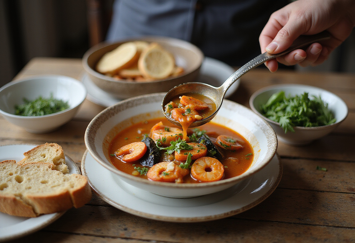 Servir le bouillon succulent du cocido traditionnel aux fruits de mer dans un bol.