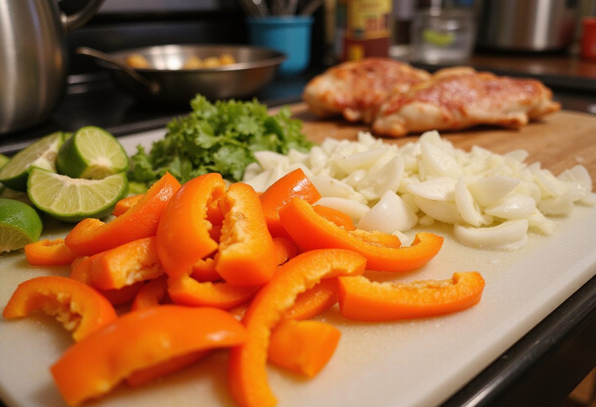 Sliced vegetables prepared for making fajitas de poulet, showcasing bell peppers and onions.