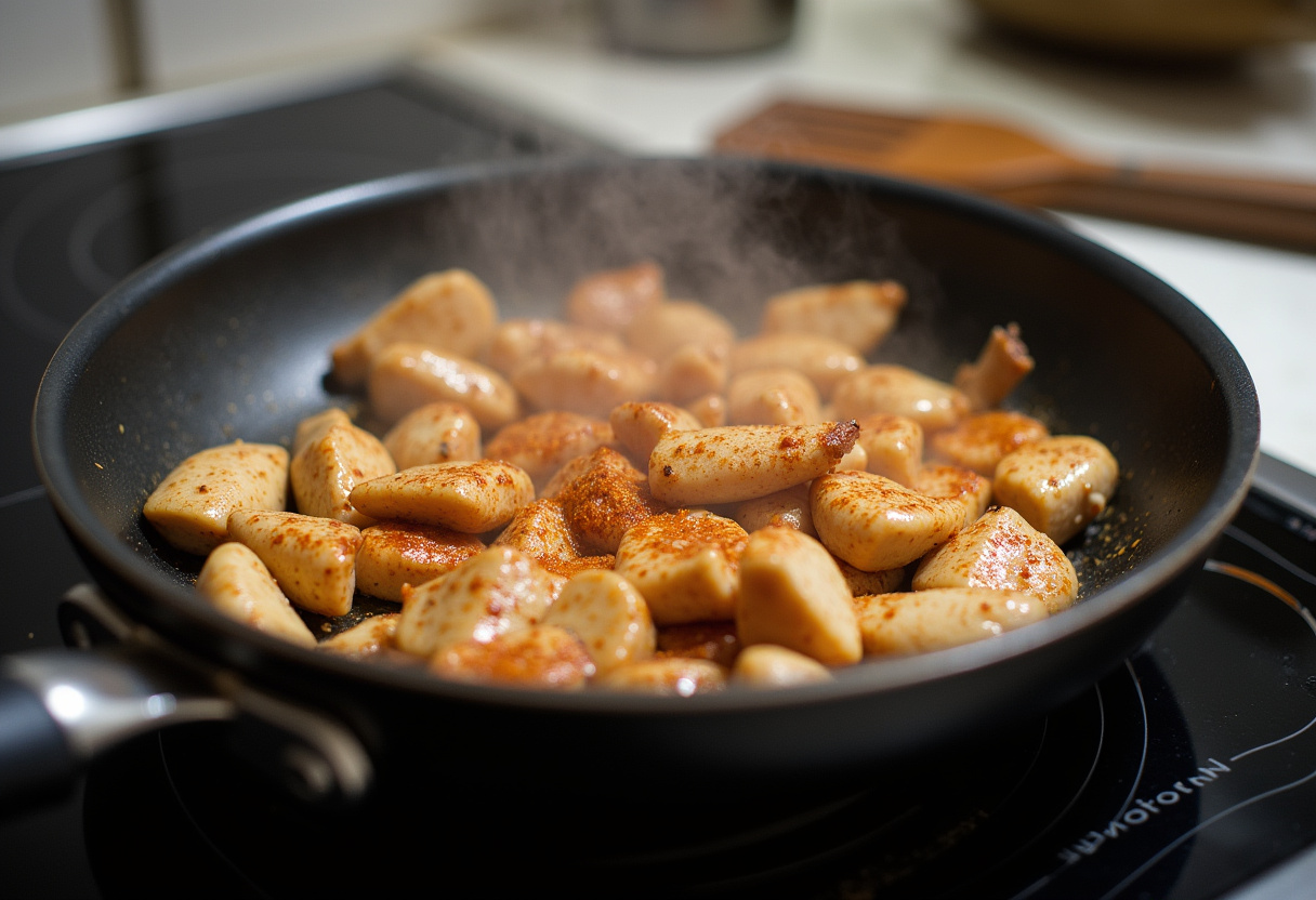 Cooking chicken strips in a pan for the recipe fajitas de poulet, fully seasoned and sizzling.