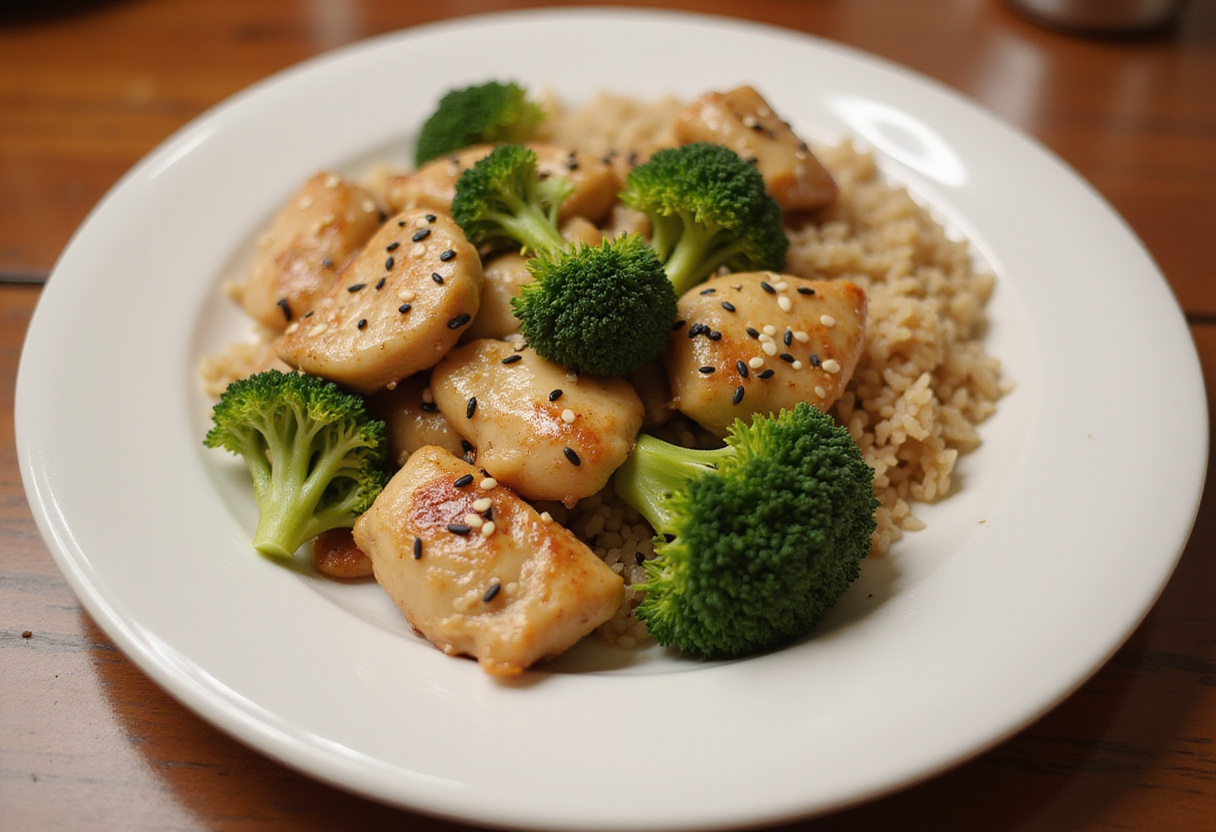 Finished poulet au brocoli with sesame seeds and rice, perfect for a plat sains poulet brocoli.