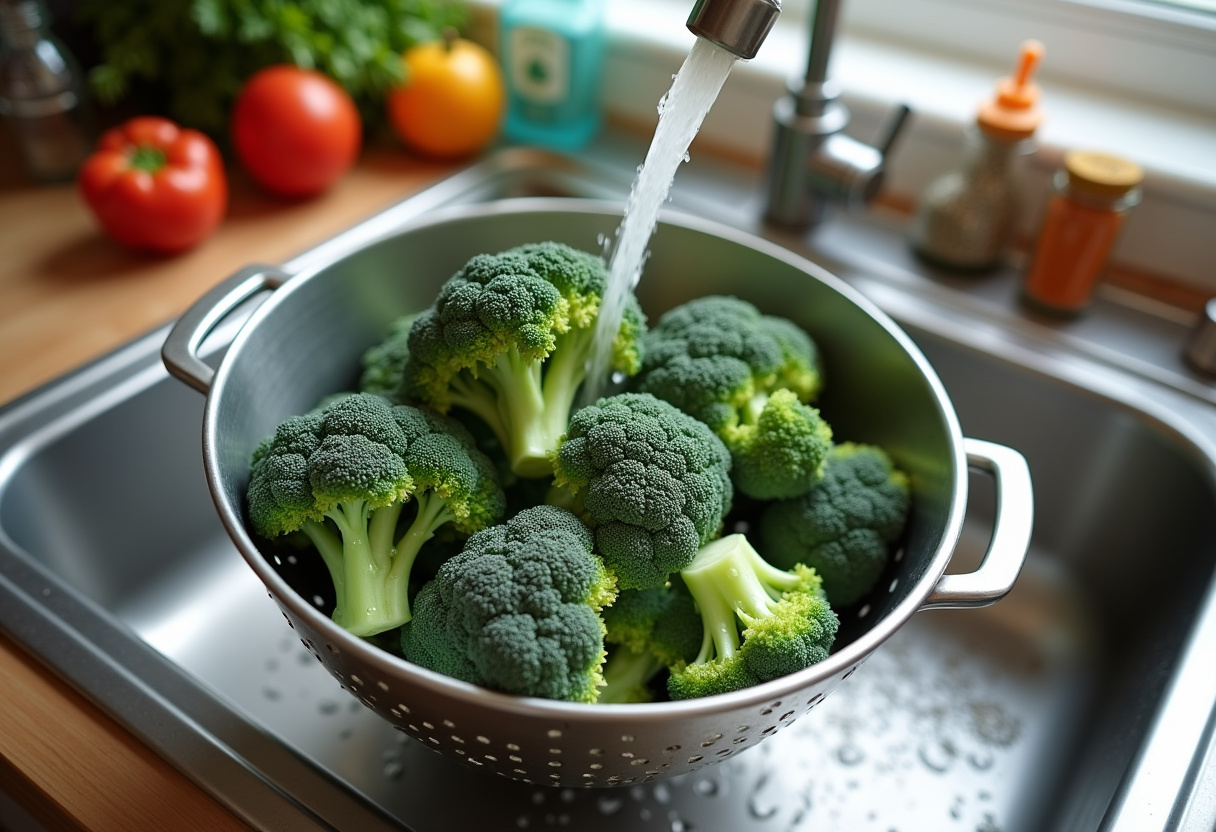 Rinsing fresh broccoli for recette poulet brocoli preparation.