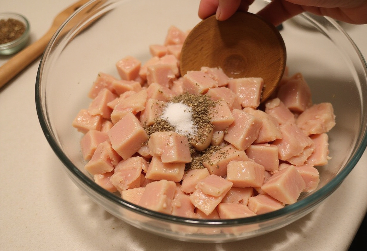 Seasoning diced chicken breast for cuisiner poulet brocoli dish.