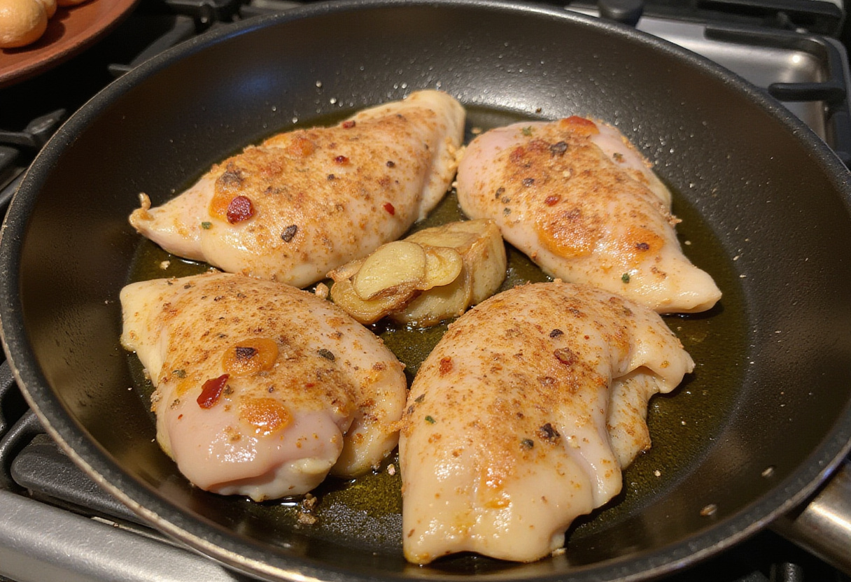 Sautéing chicken breast with garlic and ginger for poulet au brocoli facile preparation.