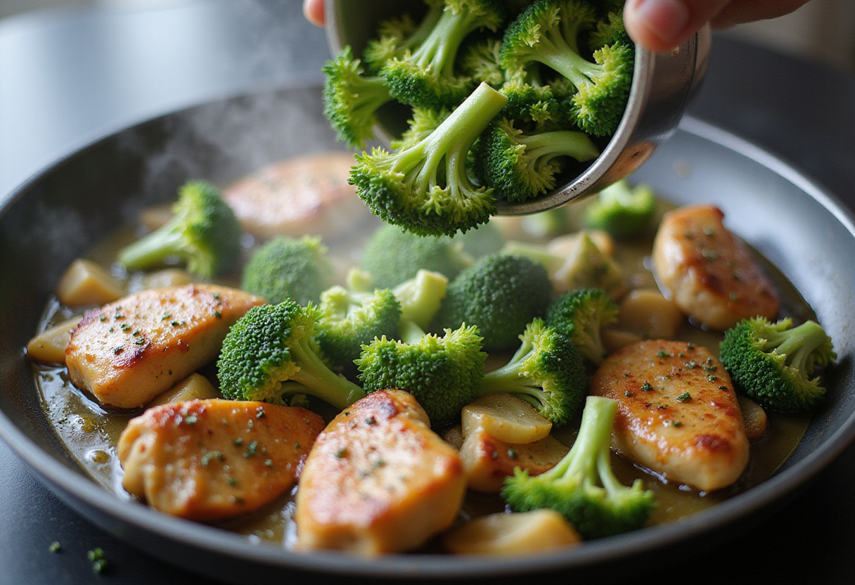 Adding steamed broccoli to the sautéed chicken for brocoli rôti au poulet dish.