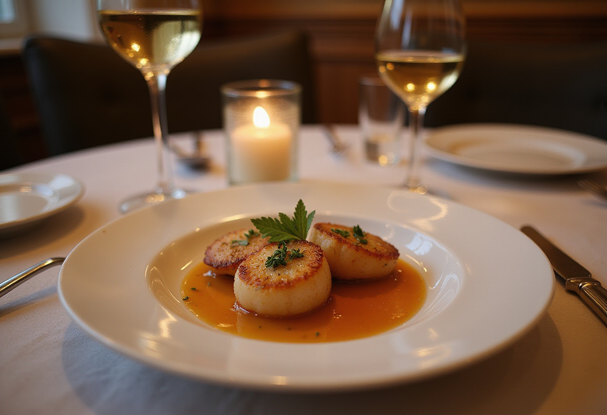 Coquilles saint-jacques saisies avec beurre à l'ail présentées sur une table élégante.