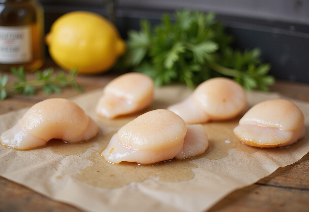 Recette coquilles saint-jacques avec des noix de saint-jacques fraîches sur le comptoir.