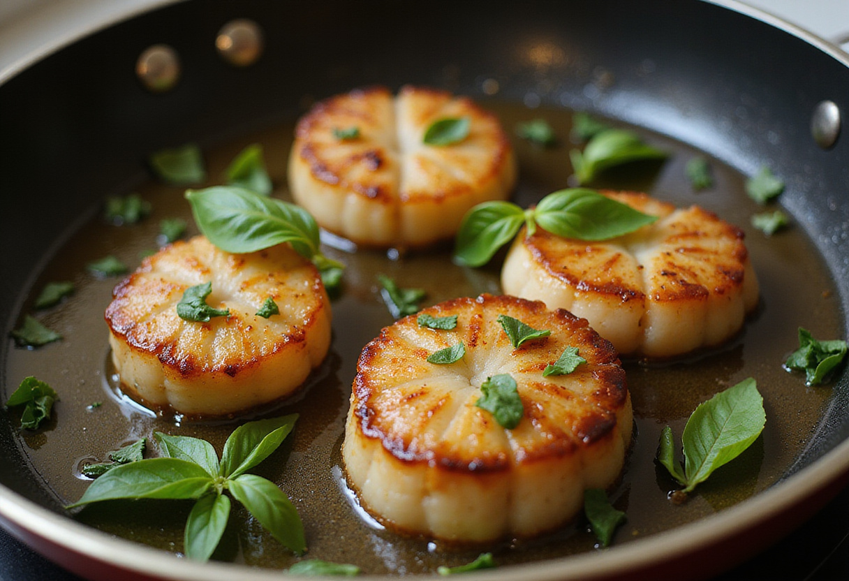 Coquilles saint-jacques faciles en train de dorer dans une poêle avec du basilic.
