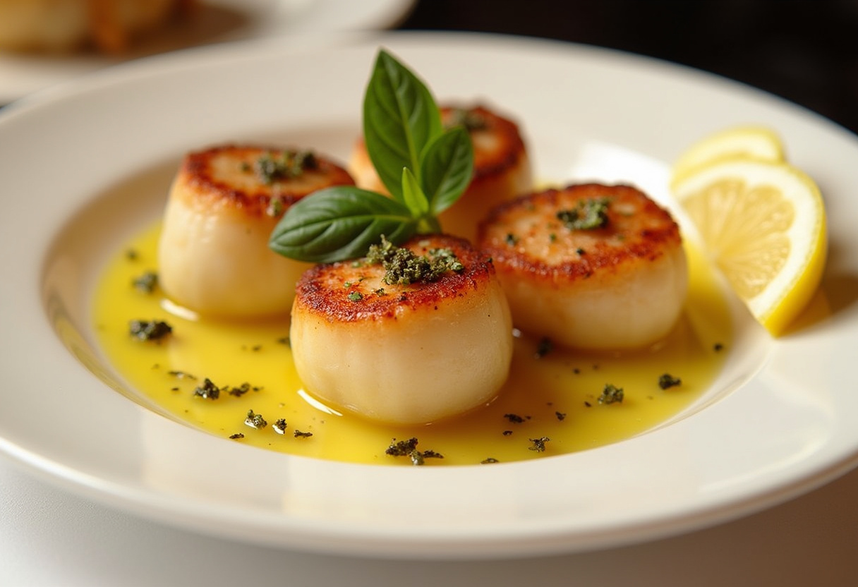 Plat de coquilles saint-jacques au beurre avec garniture de basilic et citron.