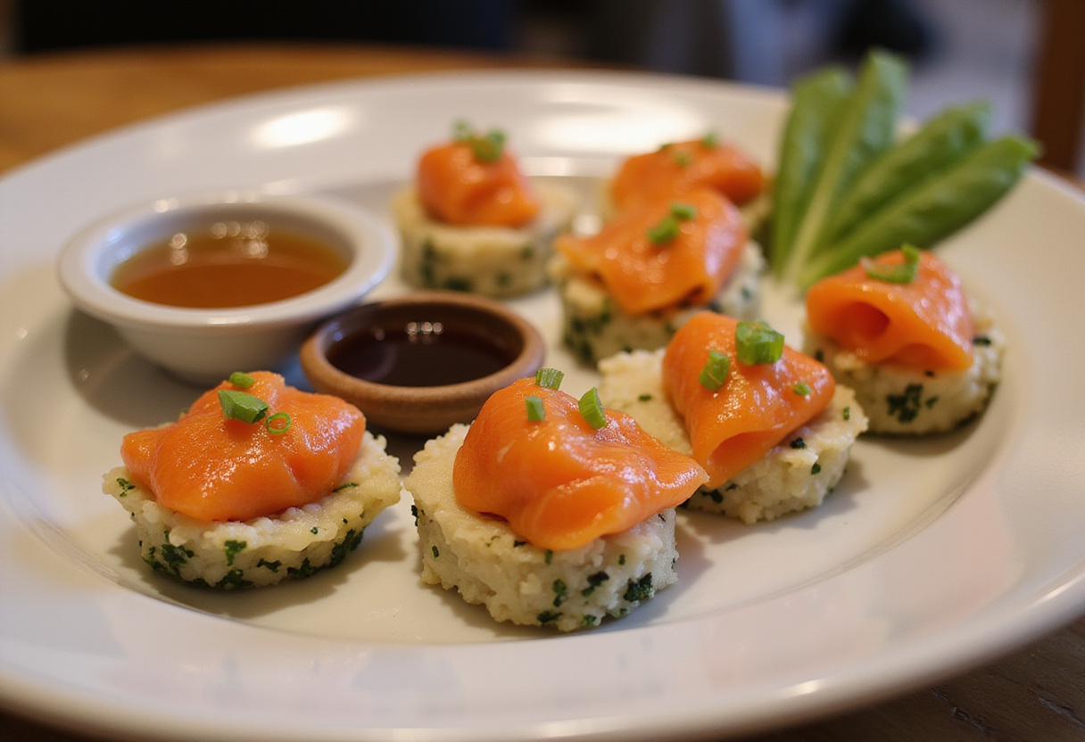 Coupes de sushi au saumon finies, présentées avec élégance et garnitures, parfaites pour un repas sushi simple.