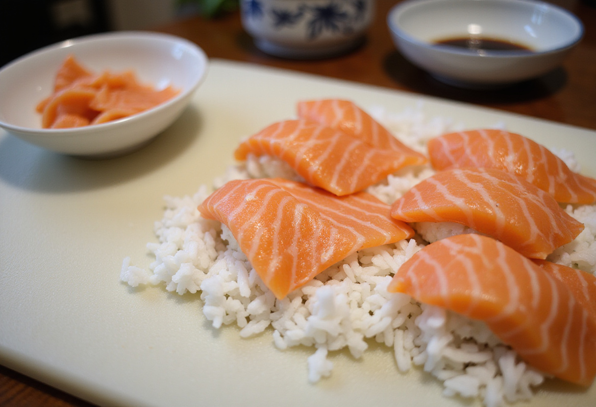 Riz à sushi étalé sur une planche à découper, prêt pour la préparation du sushi au saumon.