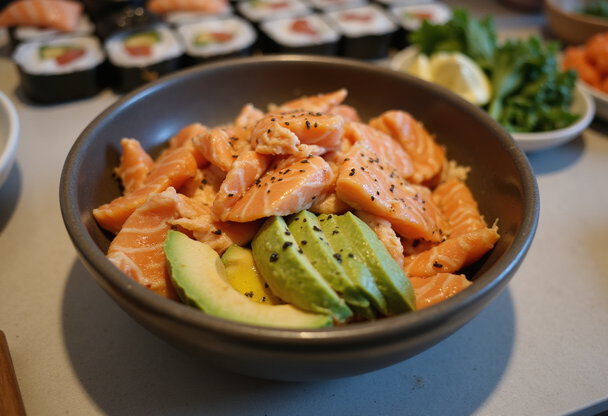Mélange de saumon émincé avec de l'avocat pour une recette de sushi au four facile.