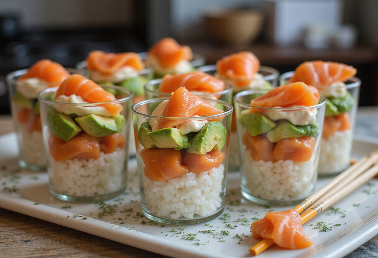 Assemblage de sushi en couches dans des tasses, mettant en valeur le saumon et l'avocat pour une recette de sushi maison simple.
