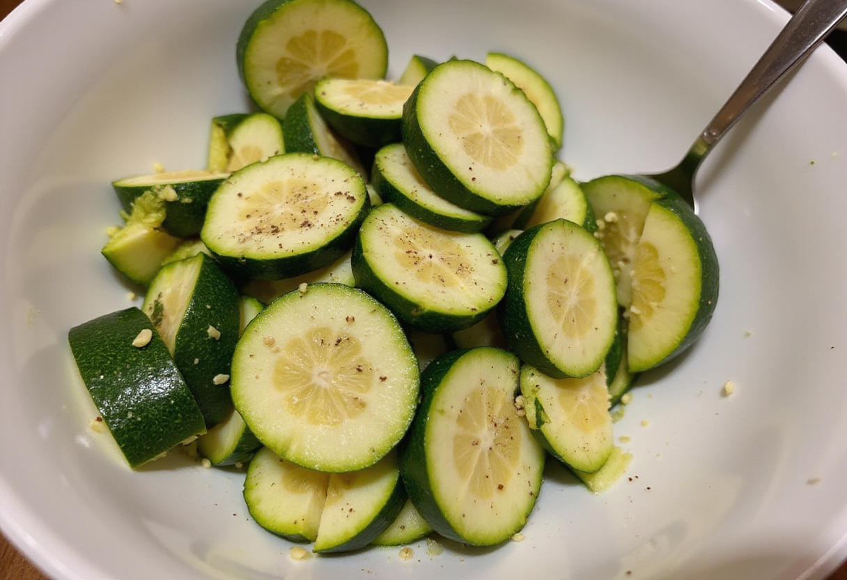 Sliced courgettes assaisonnées prêtes pour le Parmesan à la friteuse à air.