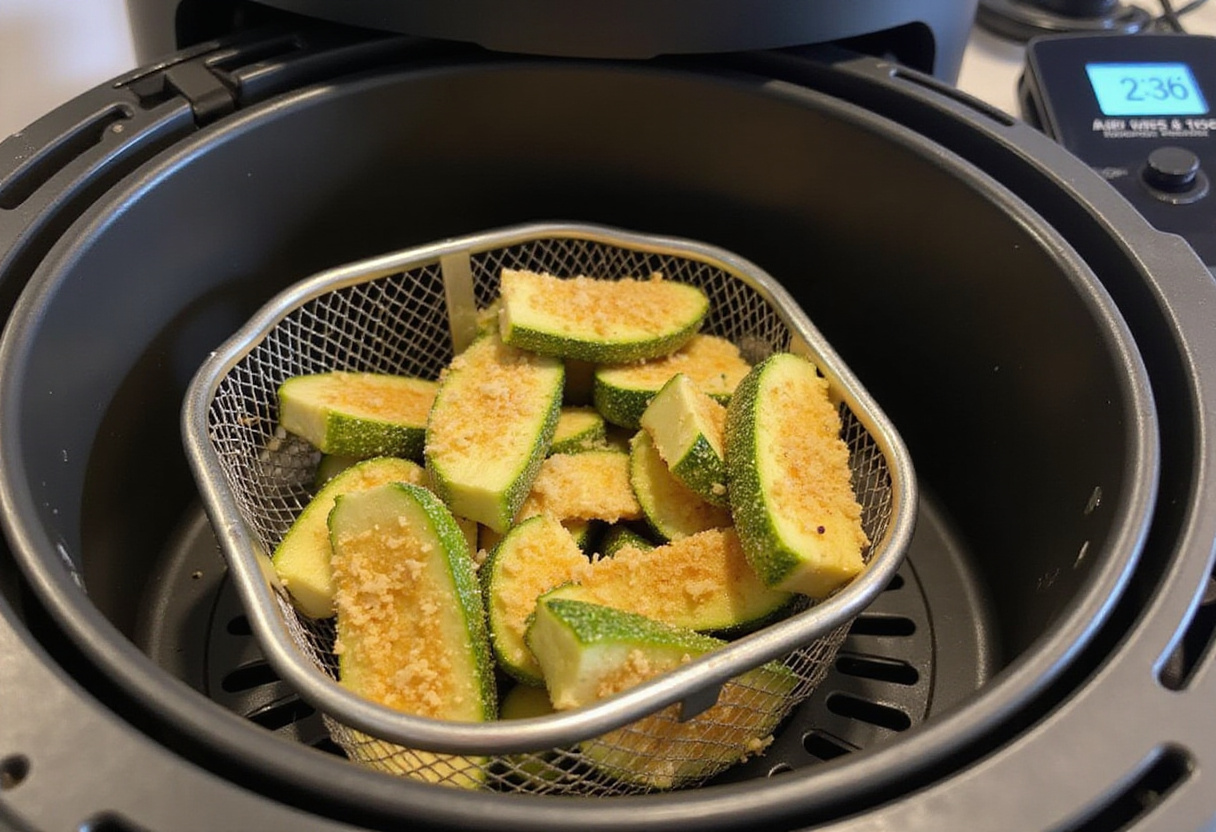 Panier de courgettes prêt à cuire dans la friteuse à air pour le Parmesan.
