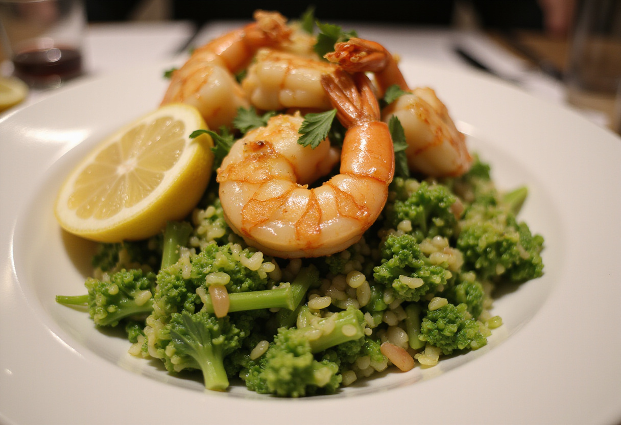 Plat fini de crevettes à l'ail et riz de brocoli, un repas sain et copieux à déguster.