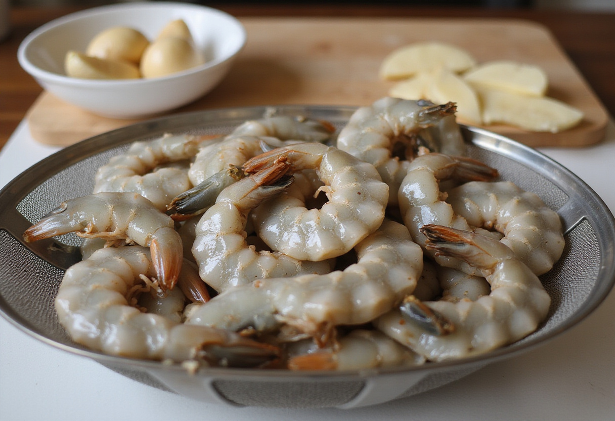 Recette de crevettes à l'ail, crevettes fraîches en train d'être rincées pour un plat sain.