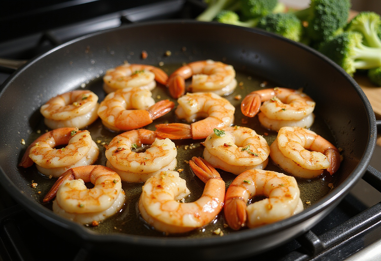 Crevettes sautées à l'ail dans une poêle, préparation d'un repas équilibré avec des légumes sains.