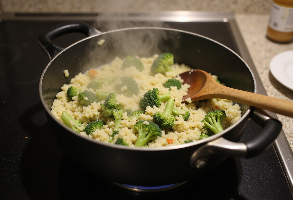 Riz de brocoli en cuisinant sur le feu, étape clé de la recette de crevettes à l'ail.