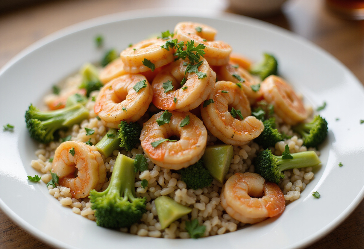 Un plat copieux de crevettes et de riz de brocoli, une cuisine facile pour le dîner rapide.