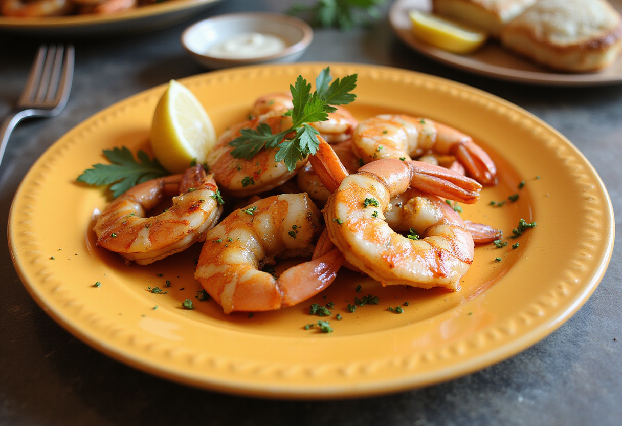 Crevettes au four prêtes à être servies, un plat savoureux pour les amateurs de fruits de mer.