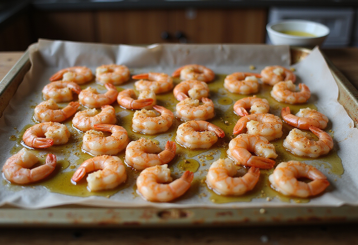 Crevettes assaisonnées sur une plaque pour la recette crevettes au four.
