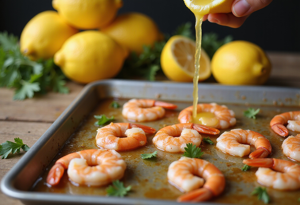Jus de citron frais versé sur crevettes pour une recette de crevettes au four faciles.