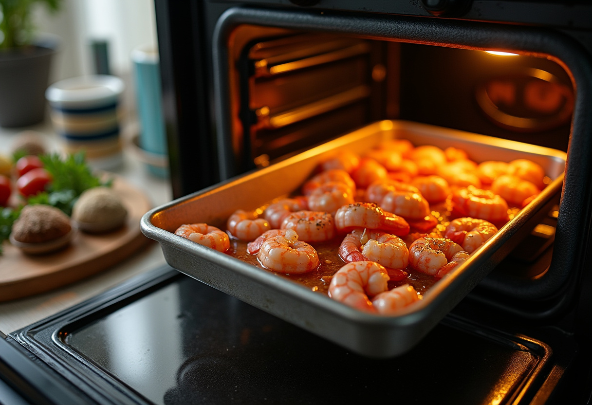 Plaque de crevettes au four prête à cuire dans le four pour un plat de crevettes.