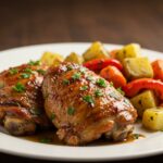 Cuisses de poulet à la bière parfaitement cuites et servies avec des légumes rôtis, un plat savoureux.
