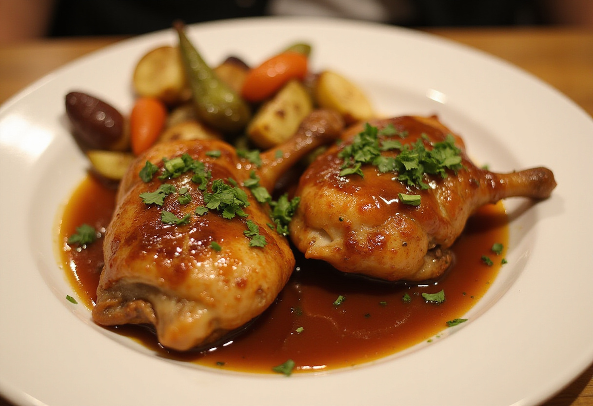 Cuisses de poulet à la bière parfaitement cuites et servies avec des légumes rôtis, un plat savoureux.