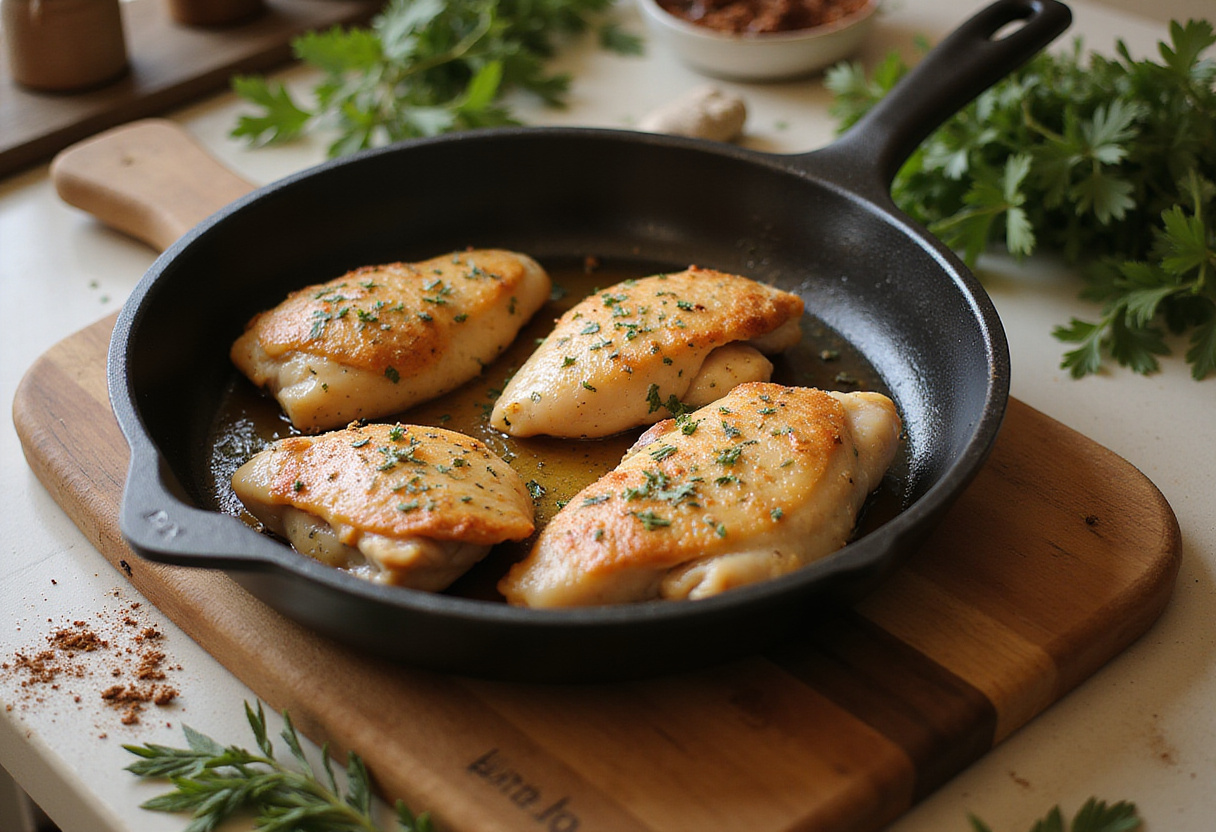 Cuisses de poulet assaisonnées prêtes pour la cuisson dans la recette cuisse de poulet à la bière.