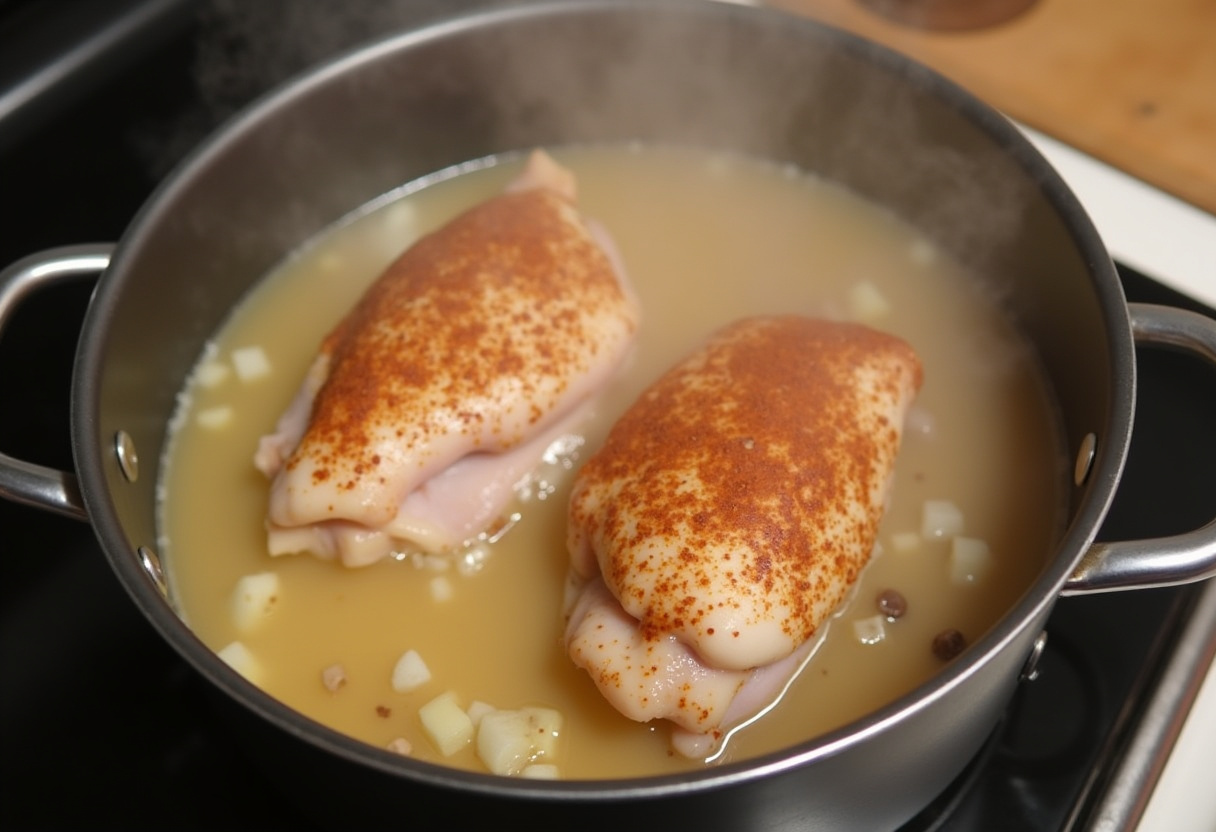 Cuisses de poulet ajoutées au mélange de bière pour une recette savoureuse.