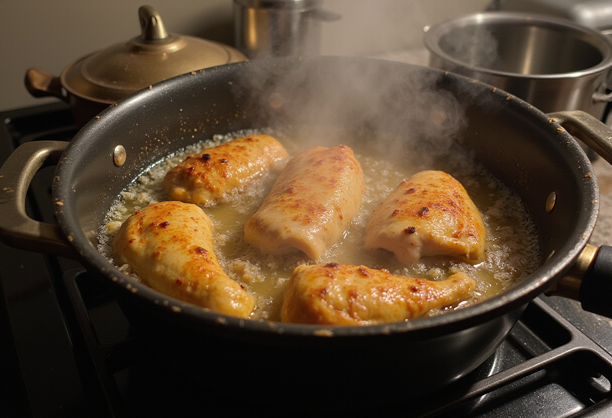 Mélange de poulet à la bière en train de mijoter sur la cuisinière, une recette facile et délicieuse.