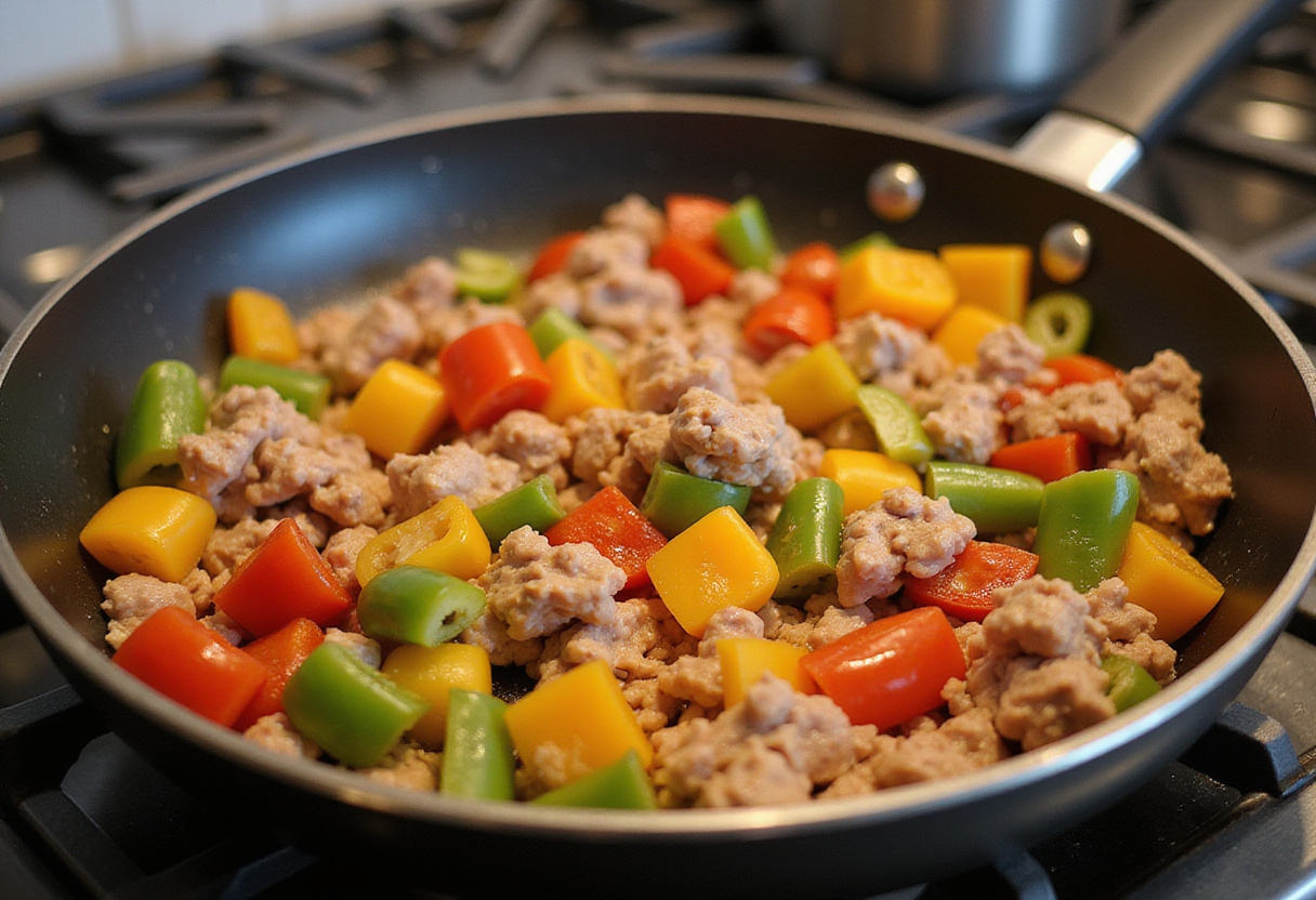 Sautéing diced bell peppers and minced turkey for a quick and healthy dinde hachée recipe.