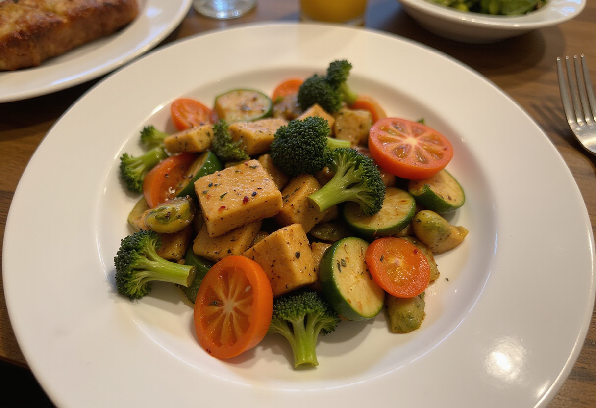 Finished healthy keto dinner, featuring colorful vegetables and grilled protein, perfect for a quick meal.