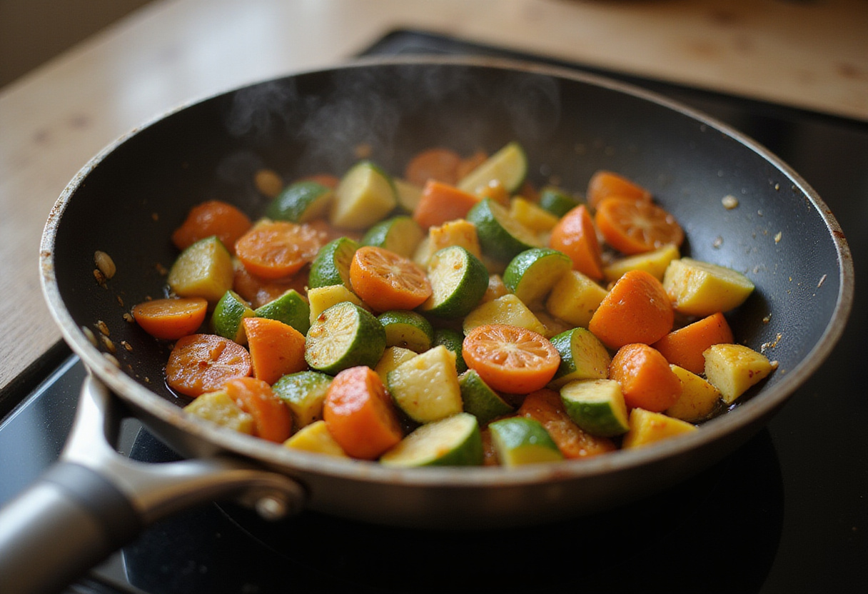 Skillet with olive oil heating for sautéing vegetables in a healthy keto dinner.