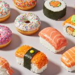 Finies donuts aux fruits et gâteaux de sushi, parfaits pour un dessert sucré original.