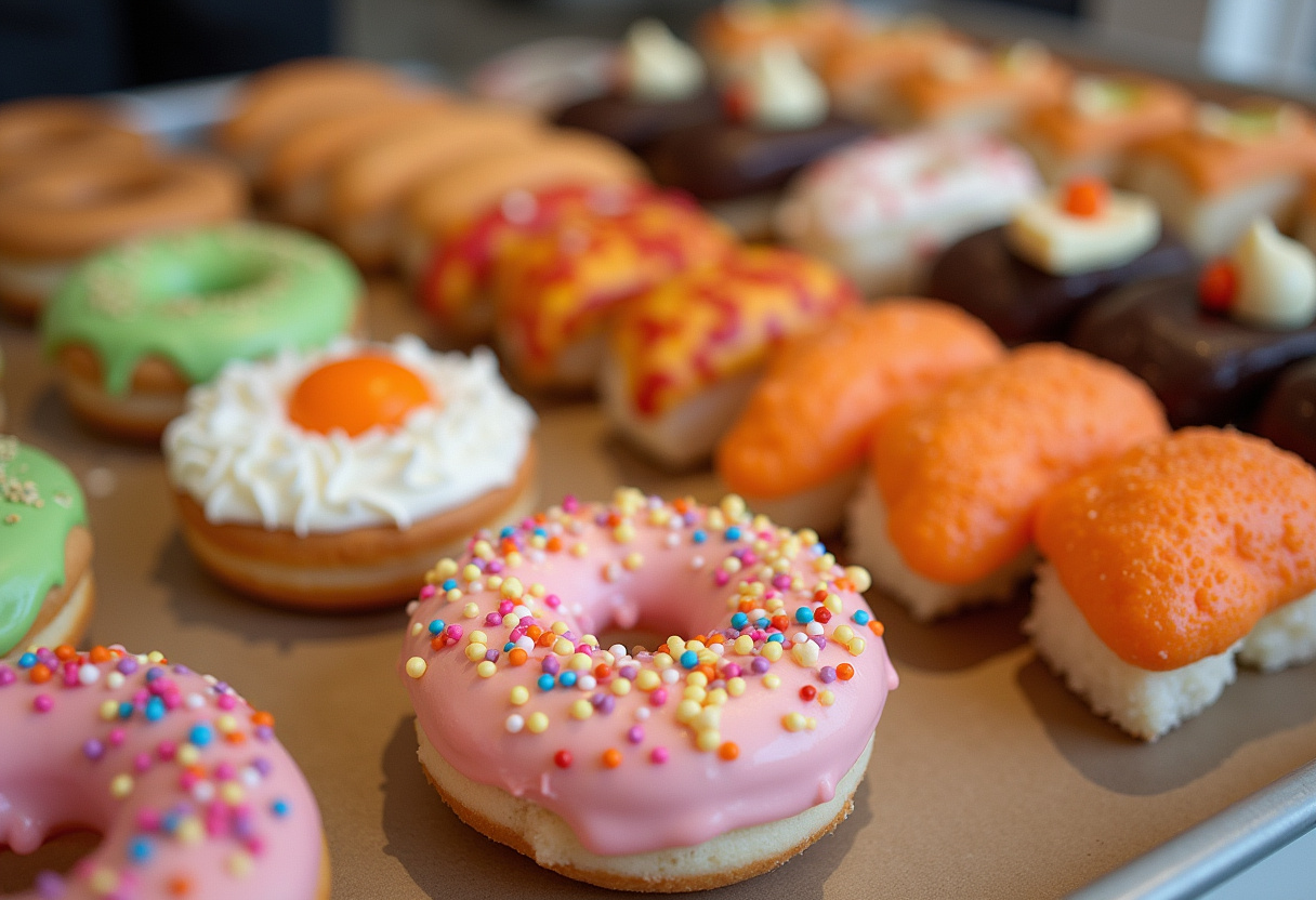 Finies donuts aux fruits et gâteaux de sushi, parfaits pour un dessert sucré original.