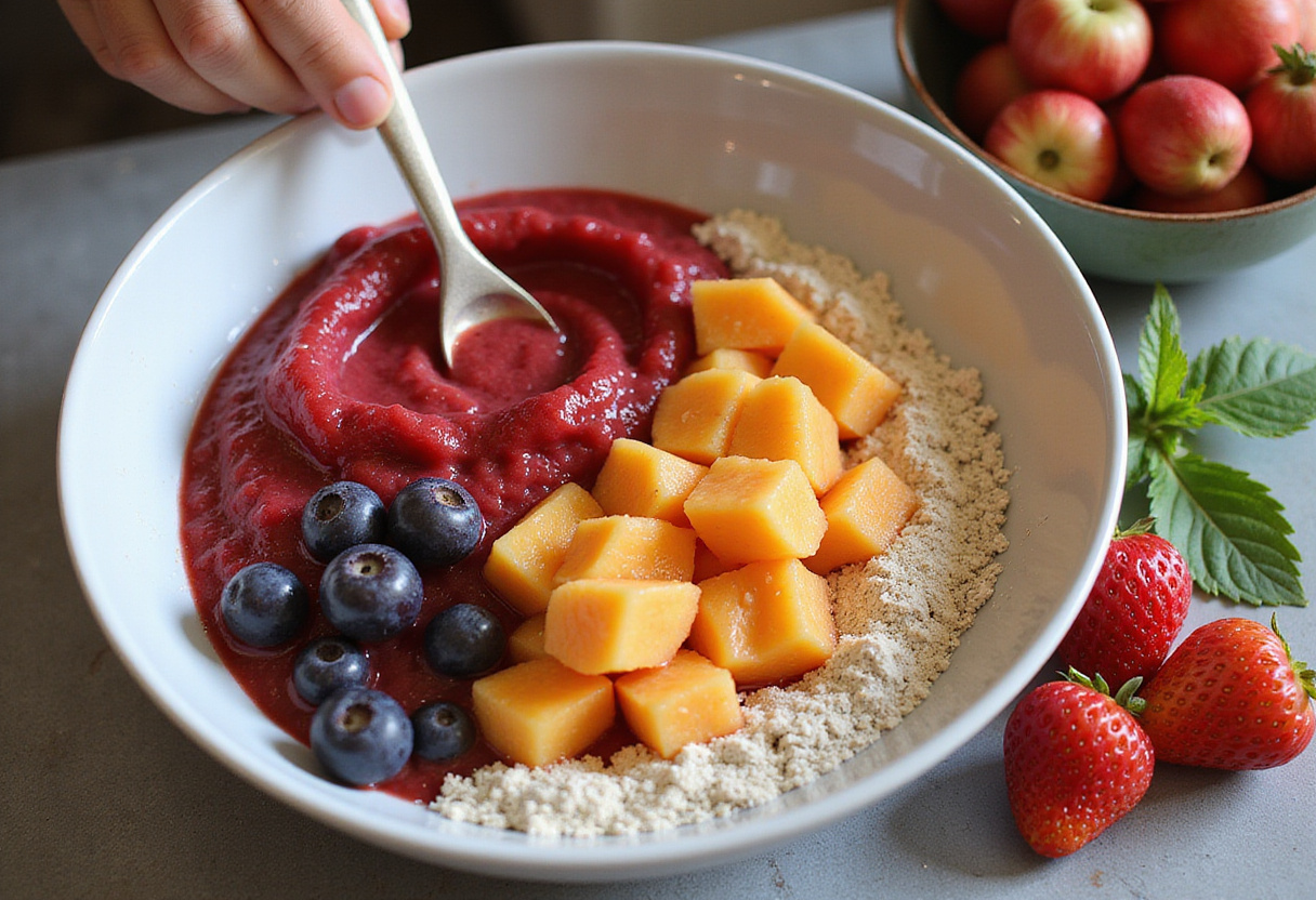 Purée de fruits mélangée aux ingrédients secs pour la recette originale de donuts aux fruits.