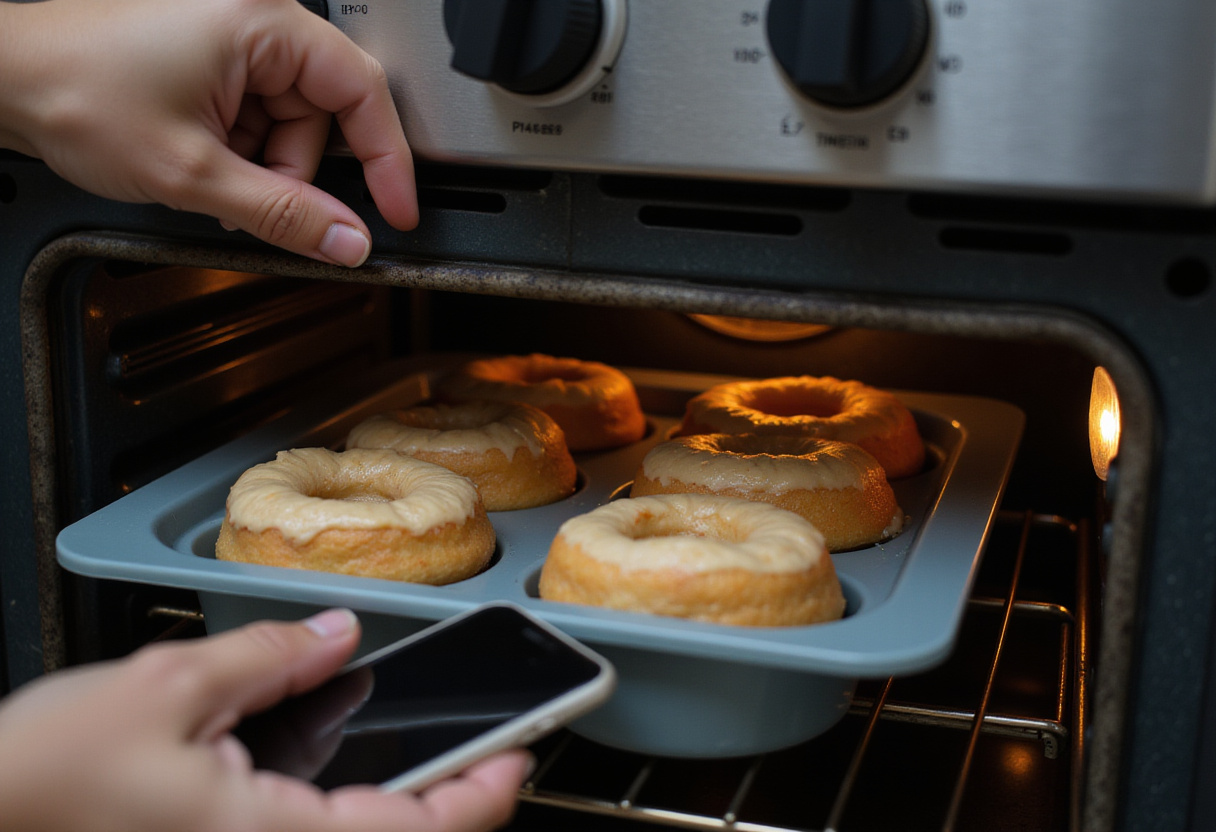 Moule à donuts avec de la pâte placé dans le four pour la cuisson de la pâtisserie.
