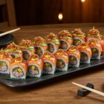 Platter of finished sushi dragon roll avec crevettes tempura, perfect for sharing at any occasion.
