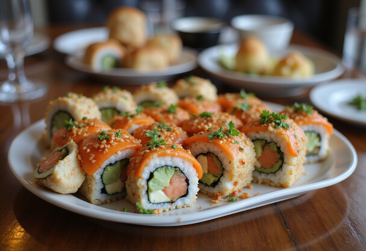 Plateau de sushi dragon roll avec crevettes tempura, parfait pour partager en toute occasion.