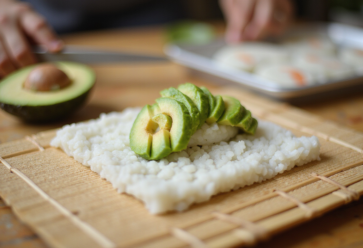 Riz à sushi étalé sur une natte de bambou, essentiel pour réaliser un délicieux sushi dragon roll maison avec crevettes tempura.
