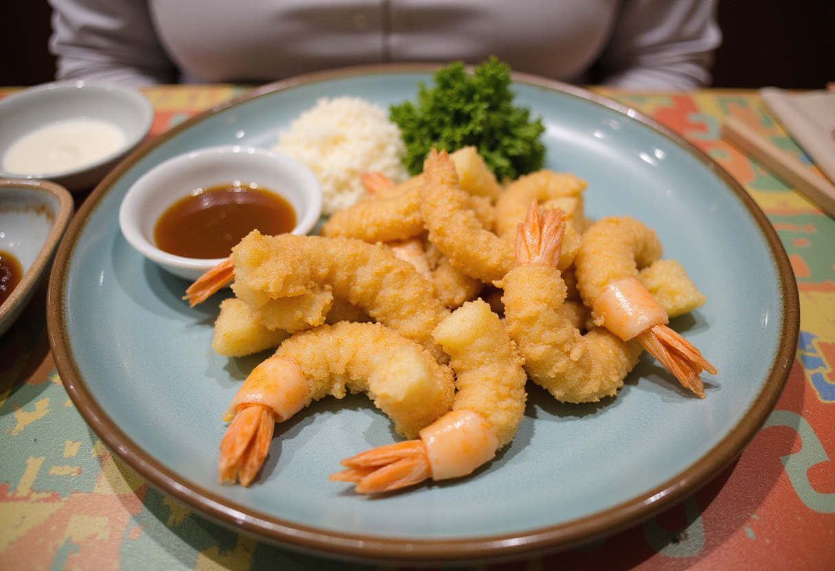 Crevettes tempura croustillantes préparées pour la recette du sushi dragon roll maison.