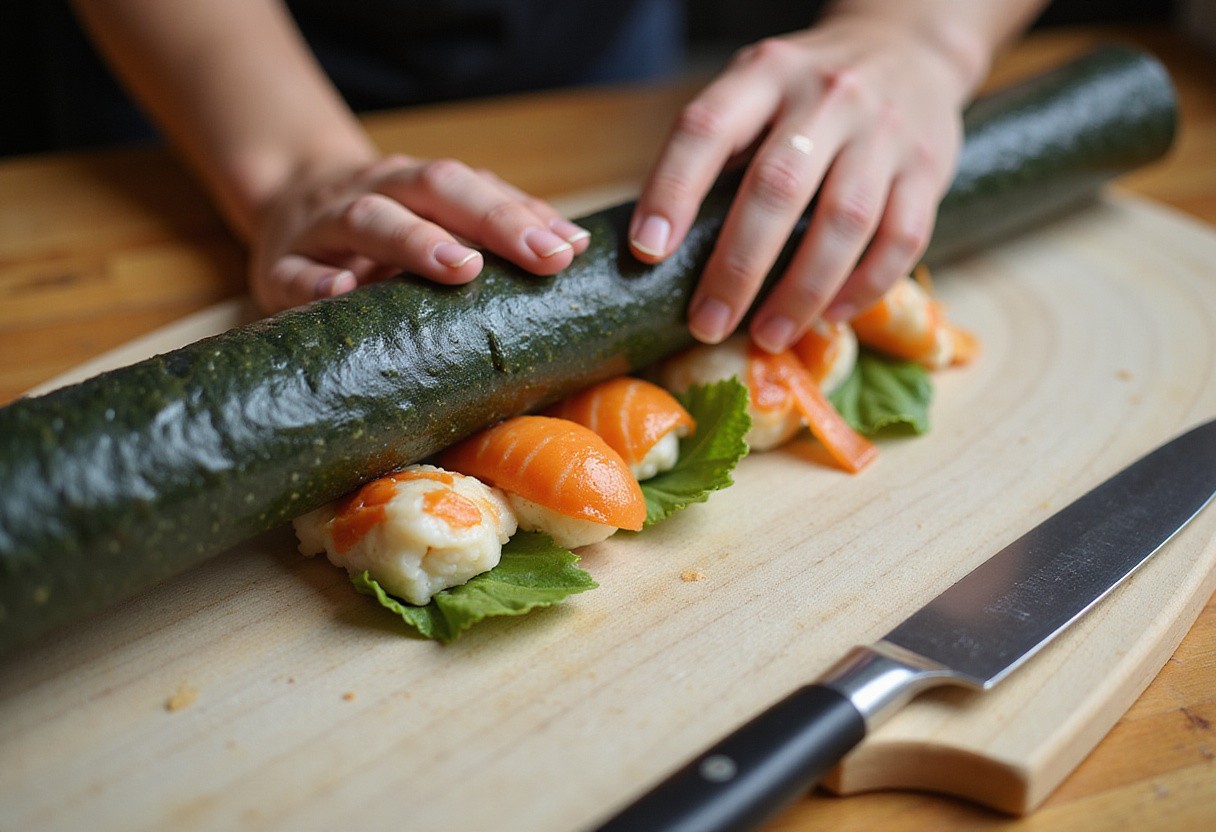 Rouler un sushi dragon roll avec des crevettes tempura et des légumes frais pour une recette de sushi maison.